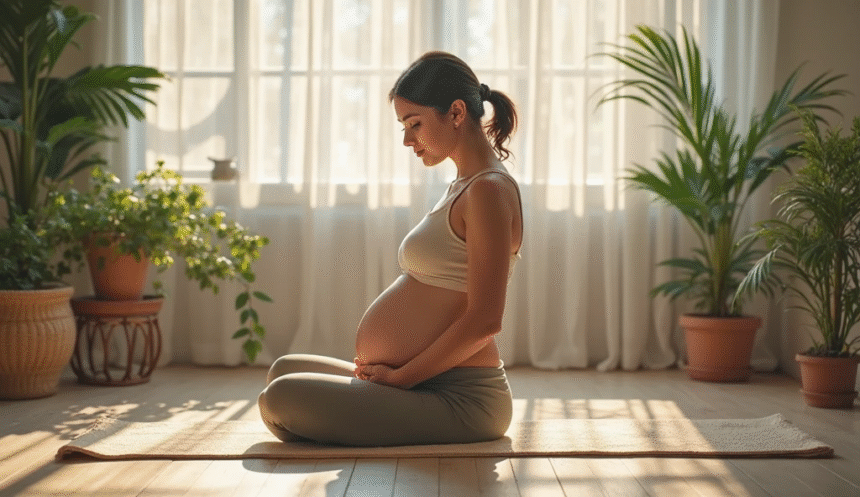 pregnant woman practicing prenatal yoga
