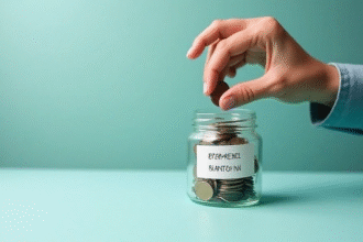 Person stacking coins in an emergency fund jar for financial security.