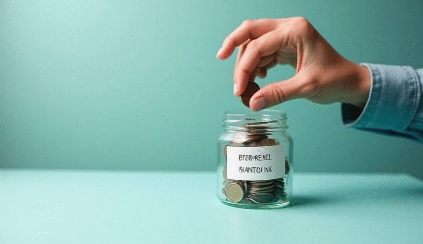 Person stacking coins in an emergency fund jar for financial security.